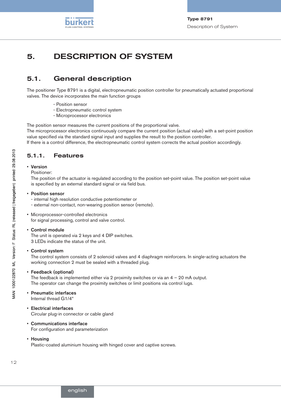 Description of system, General description, Features | Burkert Type 8791 User Manual | Page 12 / 184