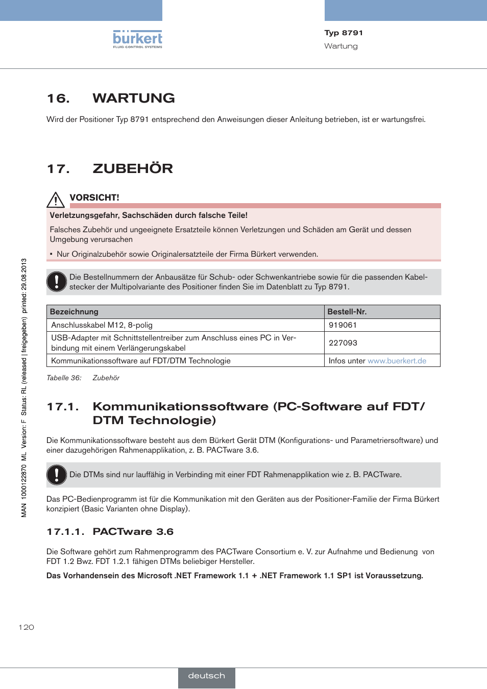 Wartung, Zubehör, Pactware 3.6 | Burkert Type 8791 User Manual | Page 120 / 184
