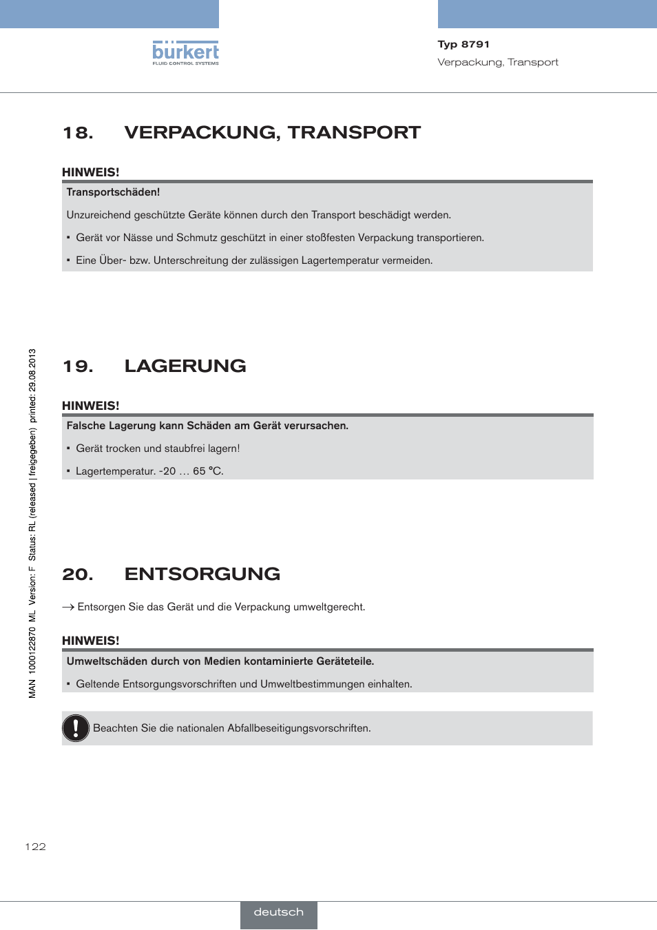 Verpackung, transport, Lagerung, Entsorgung | Burkert Type 8791 User Manual | Page 122 / 184