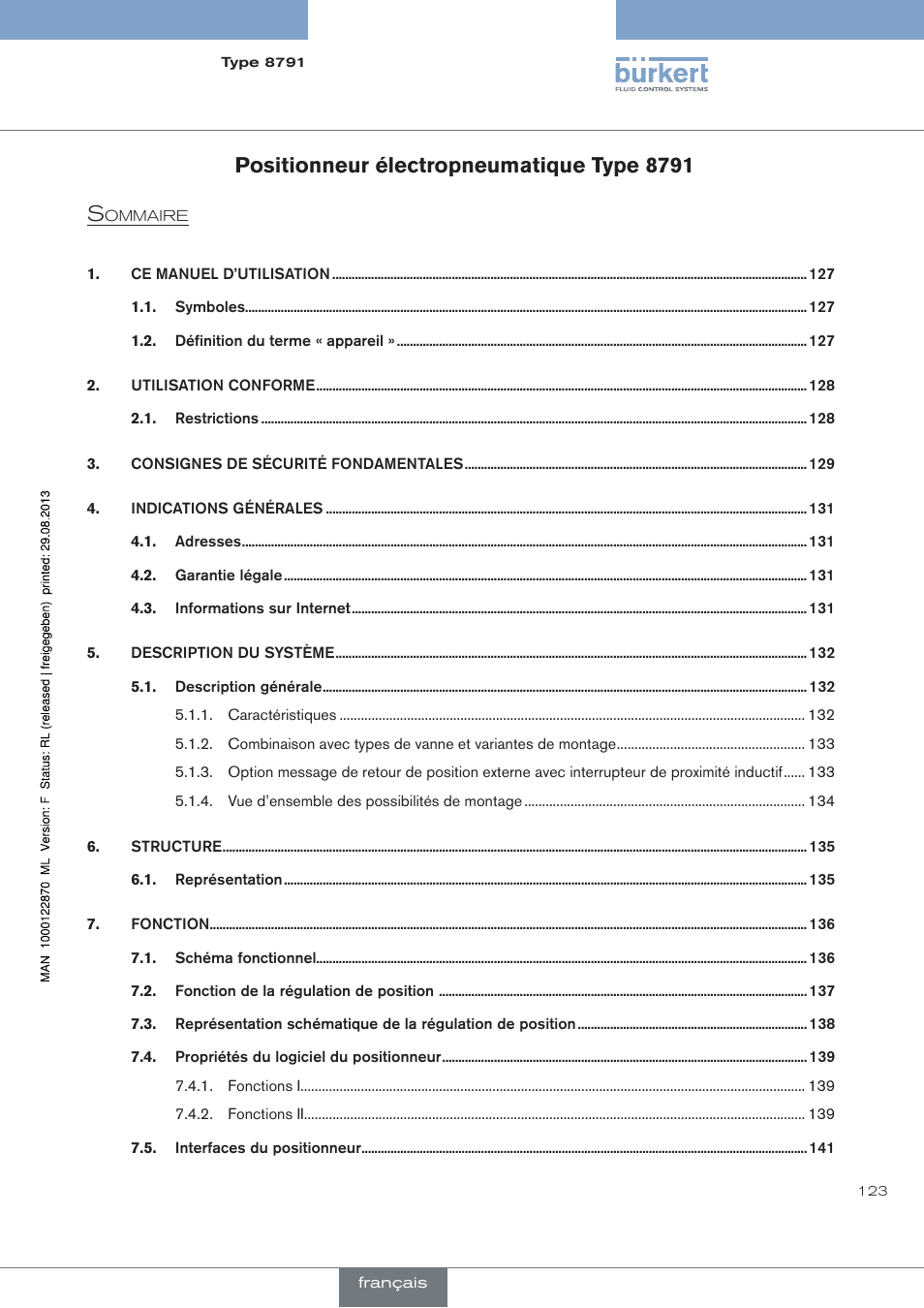 Français, Positionneur électropneumatique type 8791 | Burkert Type 8791 User Manual | Page 123 / 184
