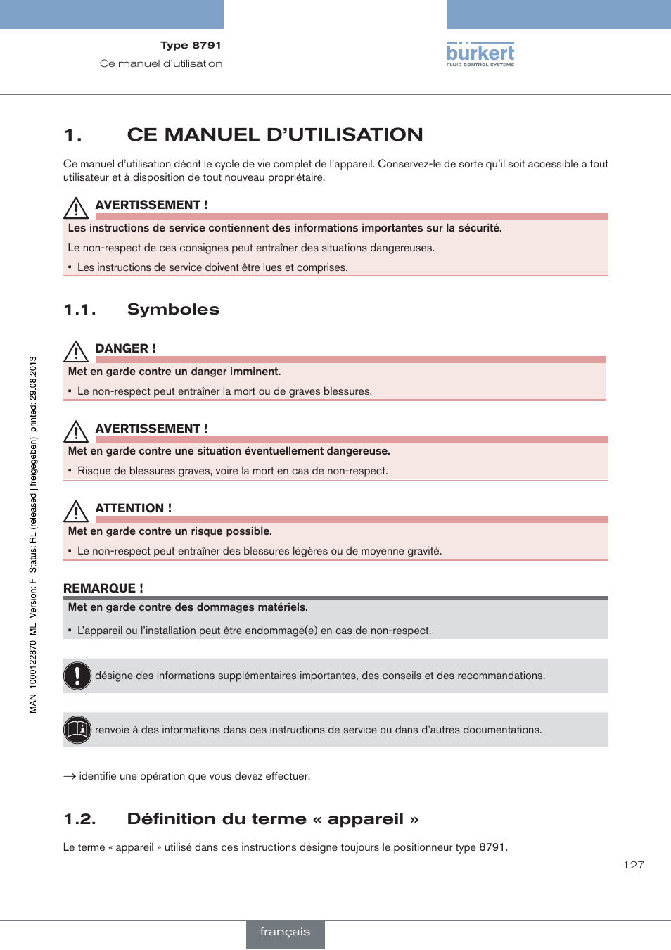 Ce manuel d’utilisation, Symboles, Définition du terme « appareil | Burkert Type 8791 User Manual | Page 127 / 184
