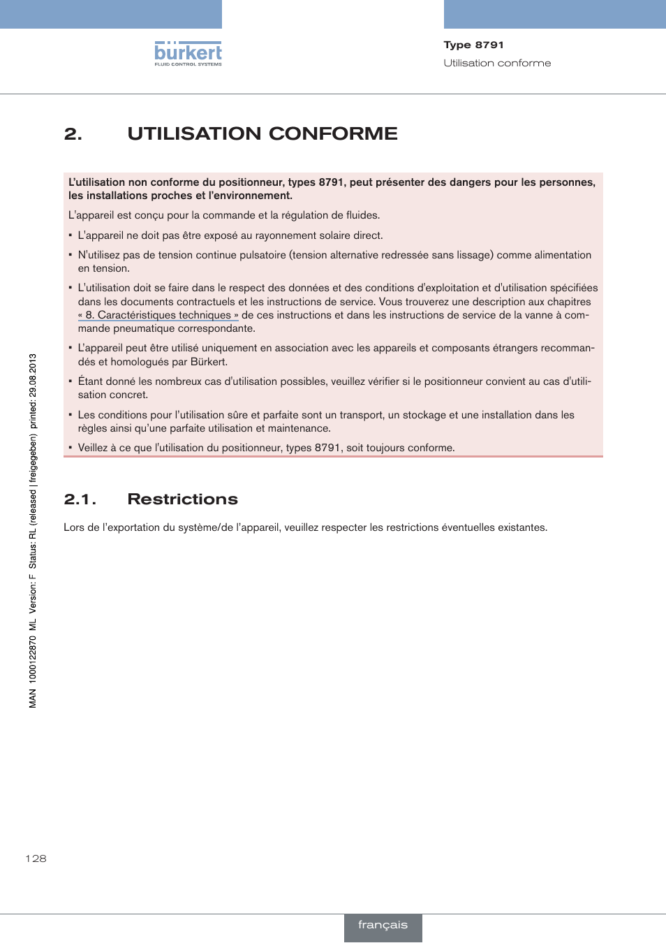 Utilisation conforme, Restrictions | Burkert Type 8791 User Manual | Page 128 / 184