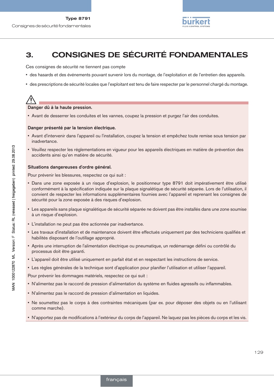 Consignes de sécurité fondamentales | Burkert Type 8791 User Manual | Page 129 / 184