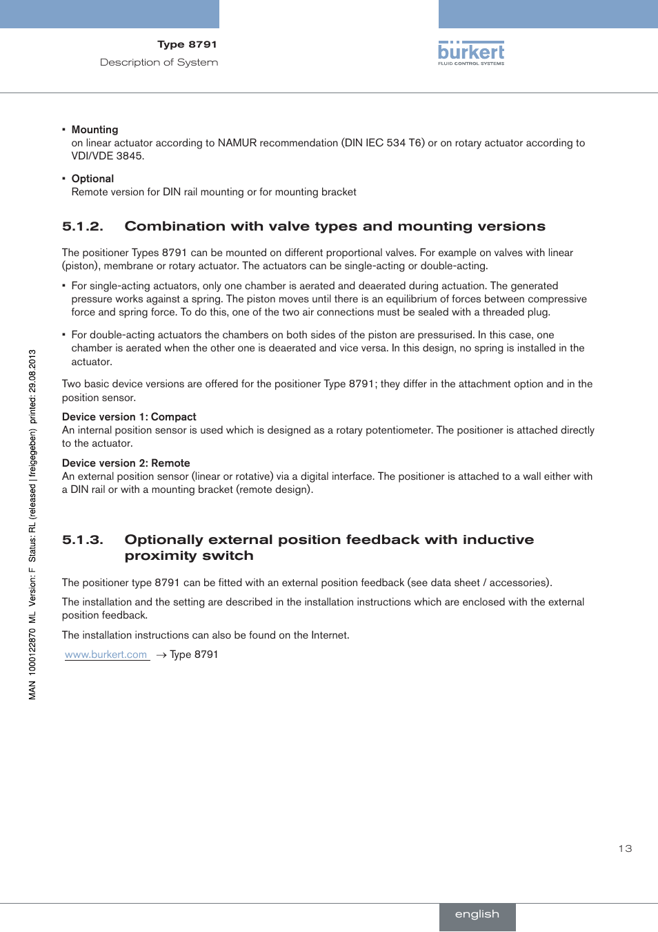 Combination with valve types and mounting versions | Burkert Type 8791 User Manual | Page 13 / 184
