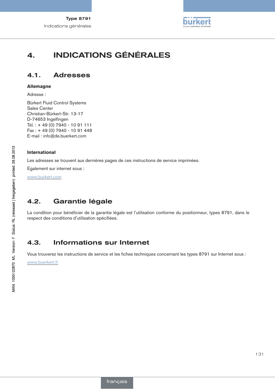 Indications générales, Adresses, Garantie légale | Informations sur internet | Burkert Type 8791 User Manual | Page 131 / 184