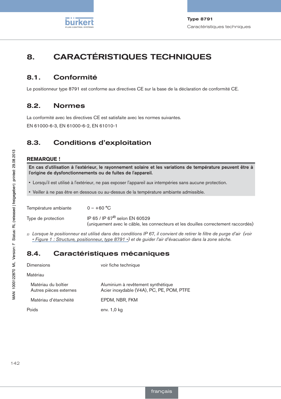 Caractéristiques techniques, Conformité, Normes | Conditions d’exploitation, Caractéristiques mécaniques | Burkert Type 8791 User Manual | Page 142 / 184