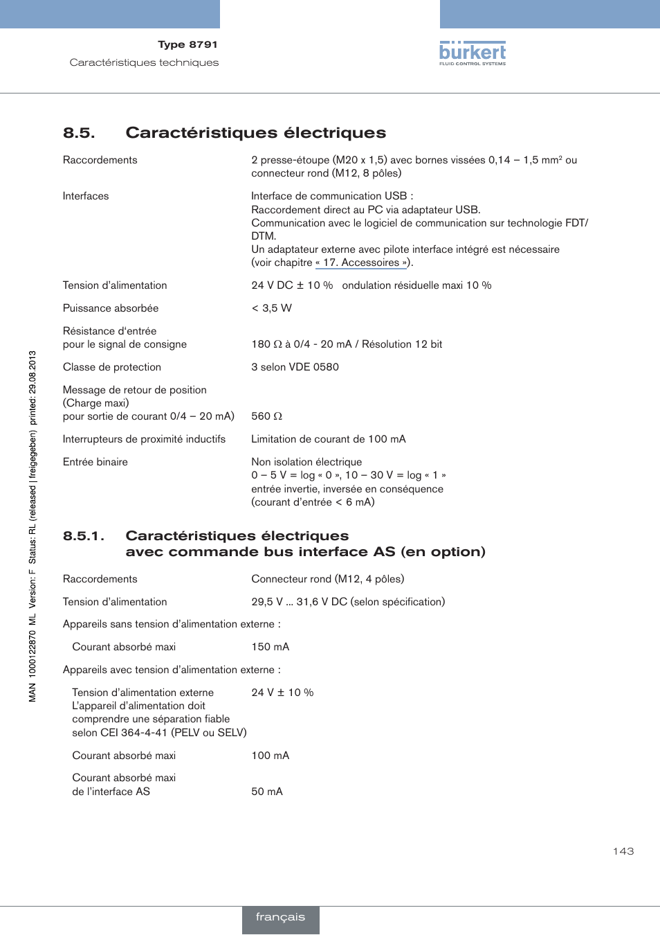 Caractéristiques électriques | Burkert Type 8791 User Manual | Page 143 / 184