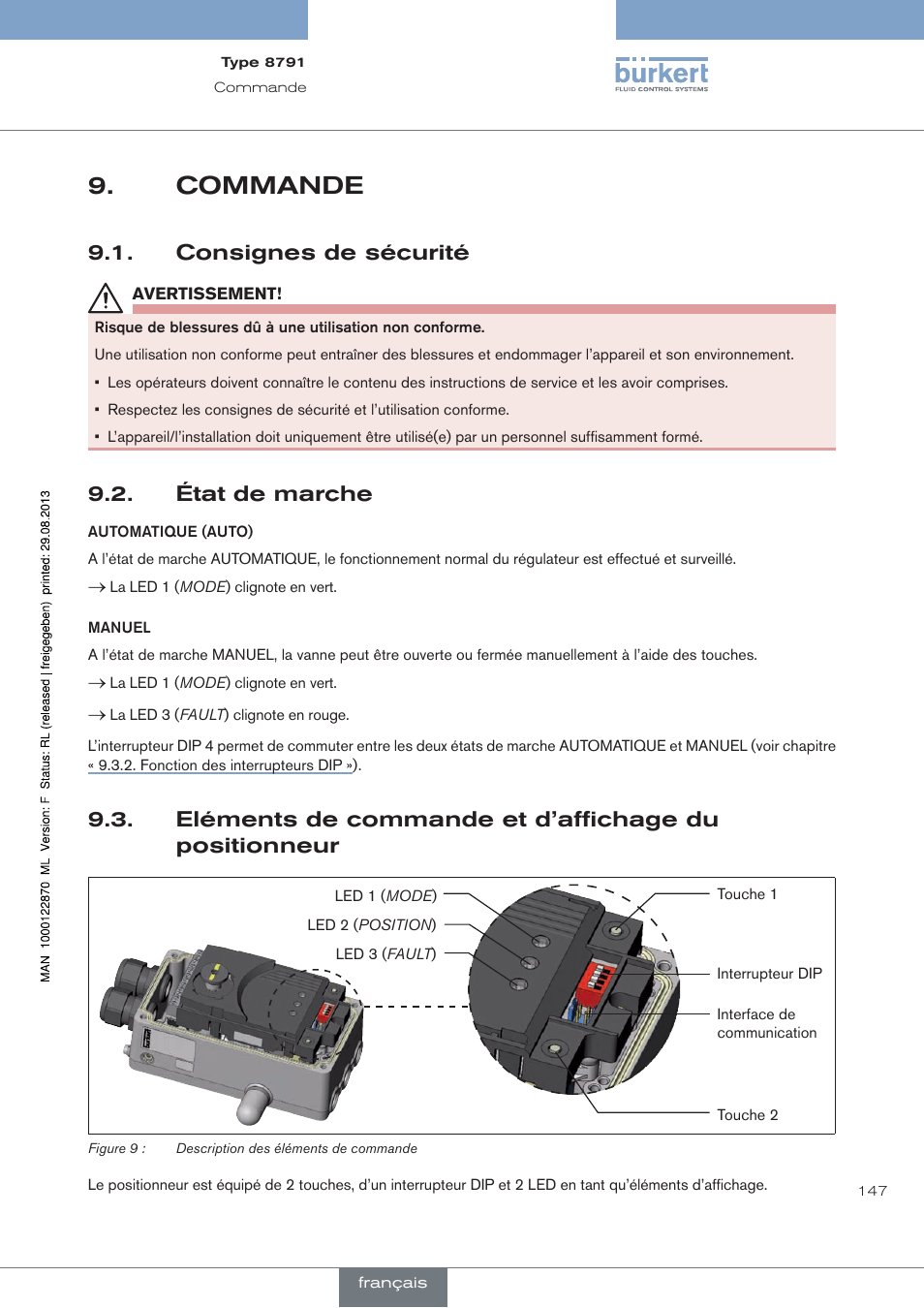 Commande, Consignes de sécurité, Etat de marche | État de marche | Burkert Type 8791 User Manual | Page 147 / 184