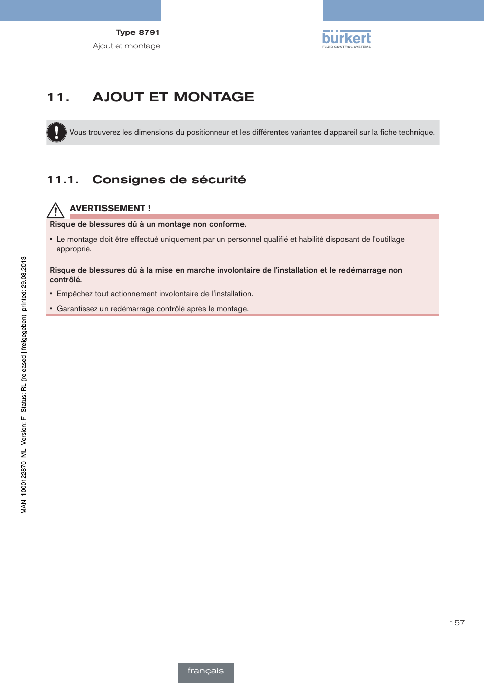 Ajout et montage, Consignes de sécurité | Burkert Type 8791 User Manual | Page 157 / 184