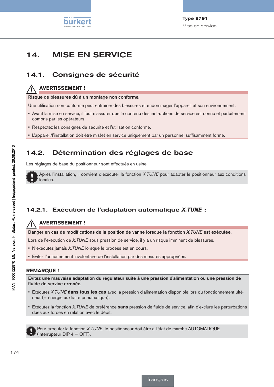 Mise en service, Consignes de sécurité, Détermination des réglages de base | Exécution de l’adaptation automatique x.tune | Burkert Type 8791 User Manual | Page 174 / 184