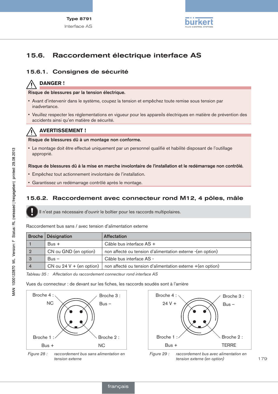 Raccordement électrique interface as, Consignes de sécurité | Burkert Type 8791 User Manual | Page 179 / 184