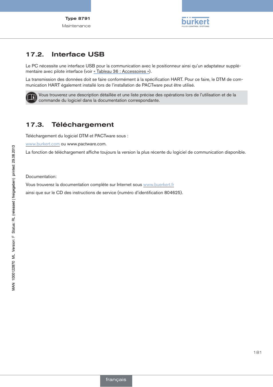 Interface usb, Téléchargement | Burkert Type 8791 User Manual | Page 181 / 184