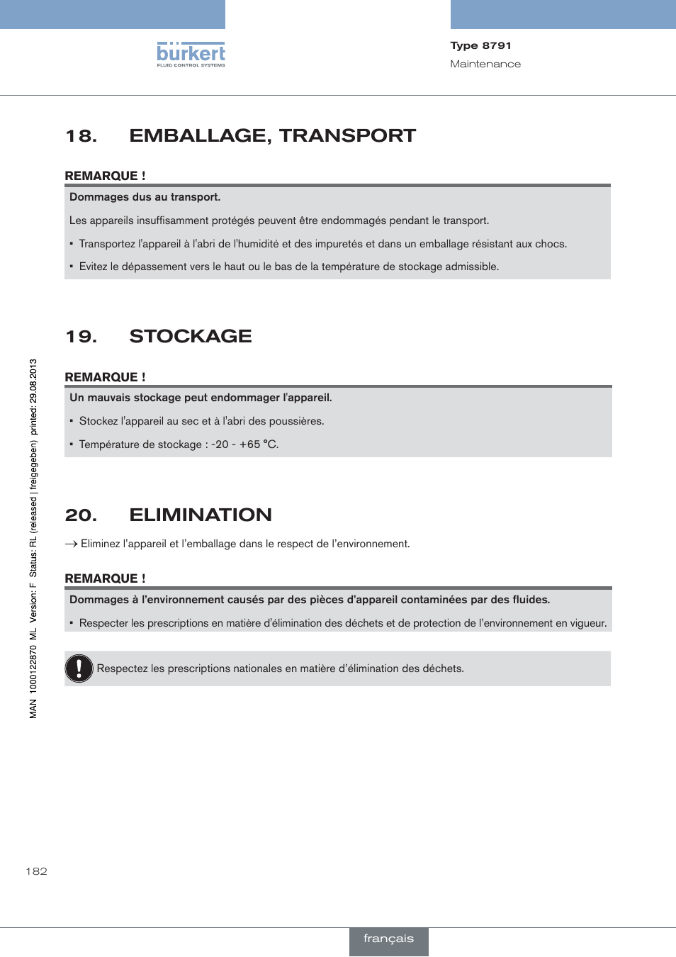 Emballage, transport, Stockage, Elimination | Burkert Type 8791 User Manual | Page 182 / 184