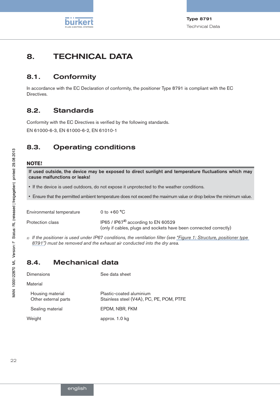 Technical data, Conformity, Standards | Operating conditions, Mechanical data | Burkert Type 8791 User Manual | Page 22 / 184