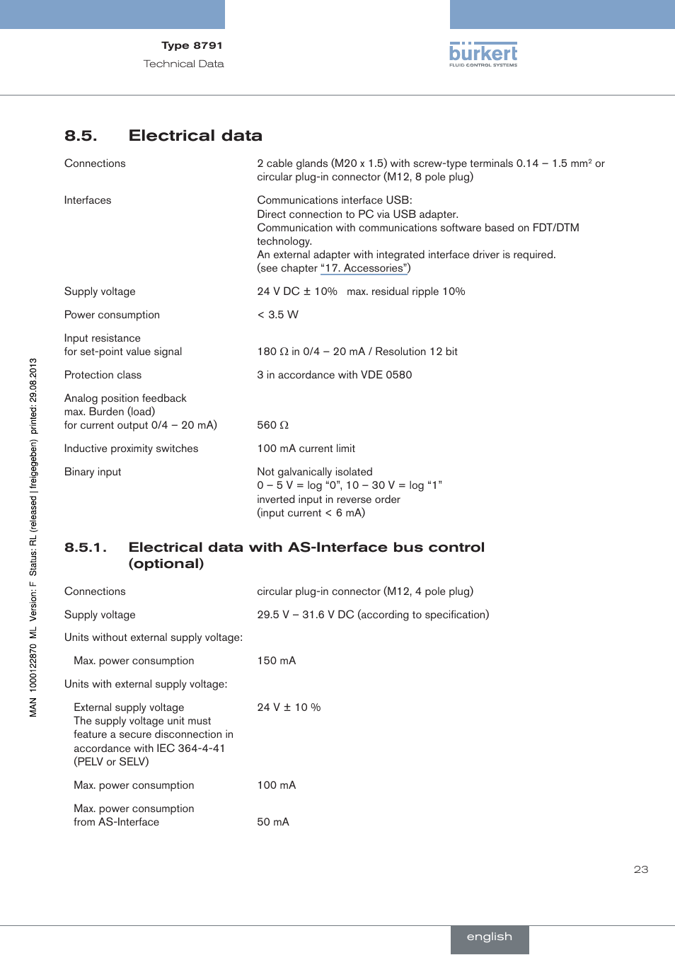 Electrical data | Burkert Type 8791 User Manual | Page 23 / 184