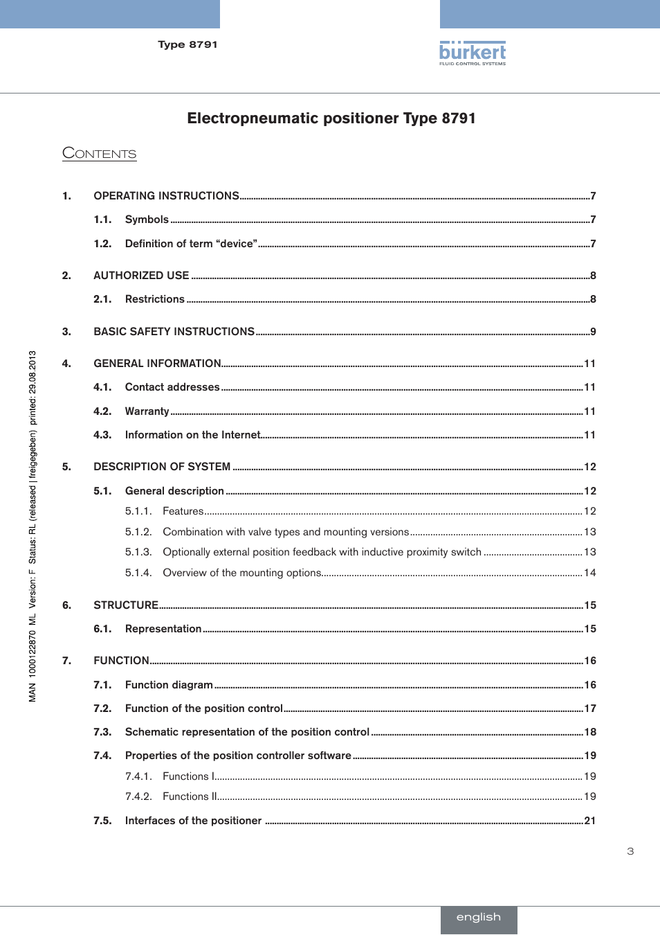 English, Electropneumatic positioner type 8791 | Burkert Type 8791 User Manual | Page 3 / 184