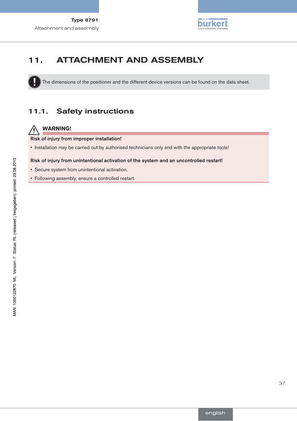 Attachment and assembly, Safety instructions | Burkert Type 8791 User Manual | Page 37 / 184
