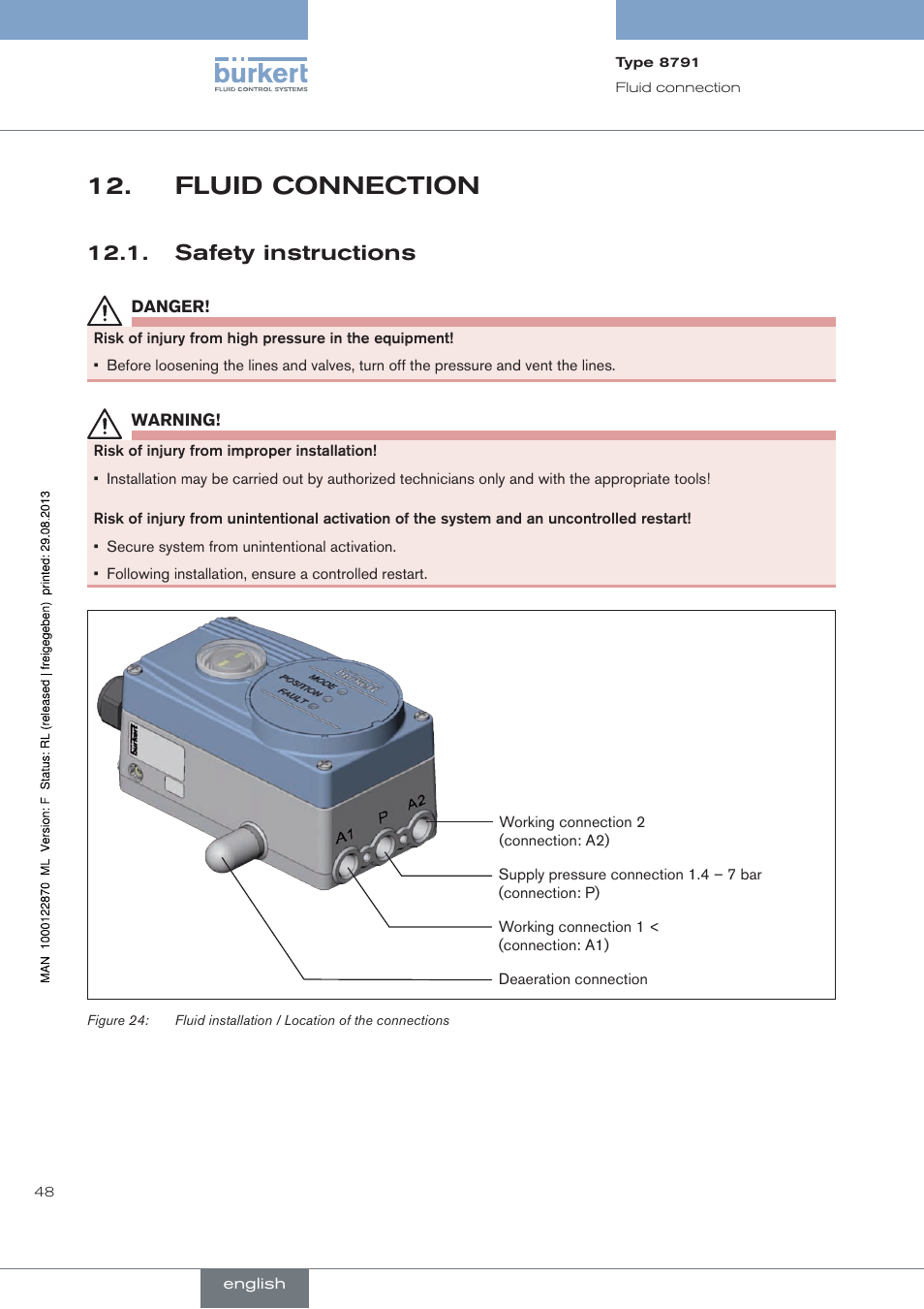 Fluid connection, Safety instructions | Burkert Type 8791 User Manual | Page 48 / 184