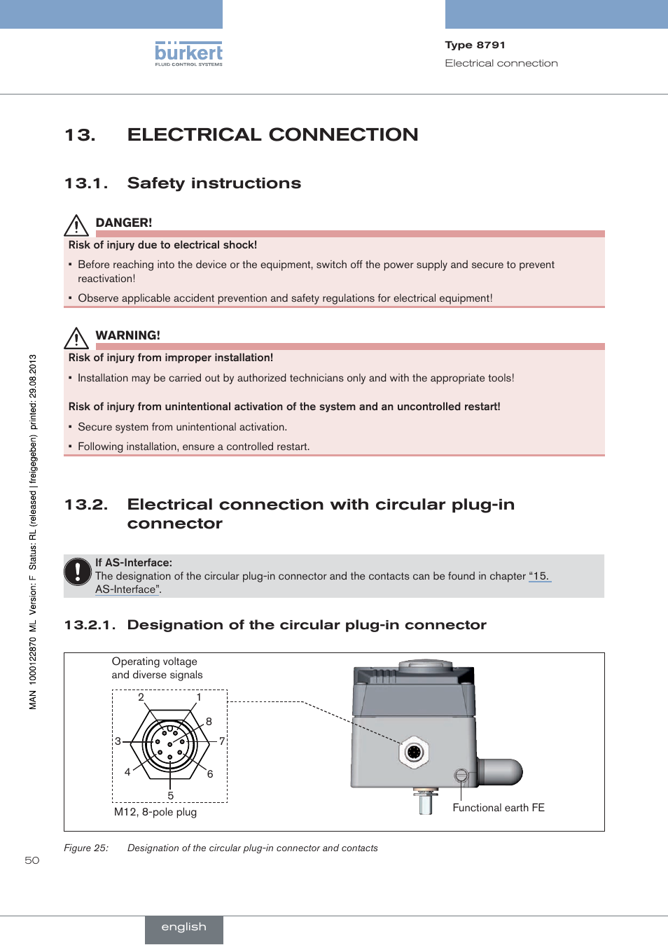 Electrical connection, Safety instructions, Designation of the circular plug-in connector | Burkert Type 8791 User Manual | Page 50 / 184