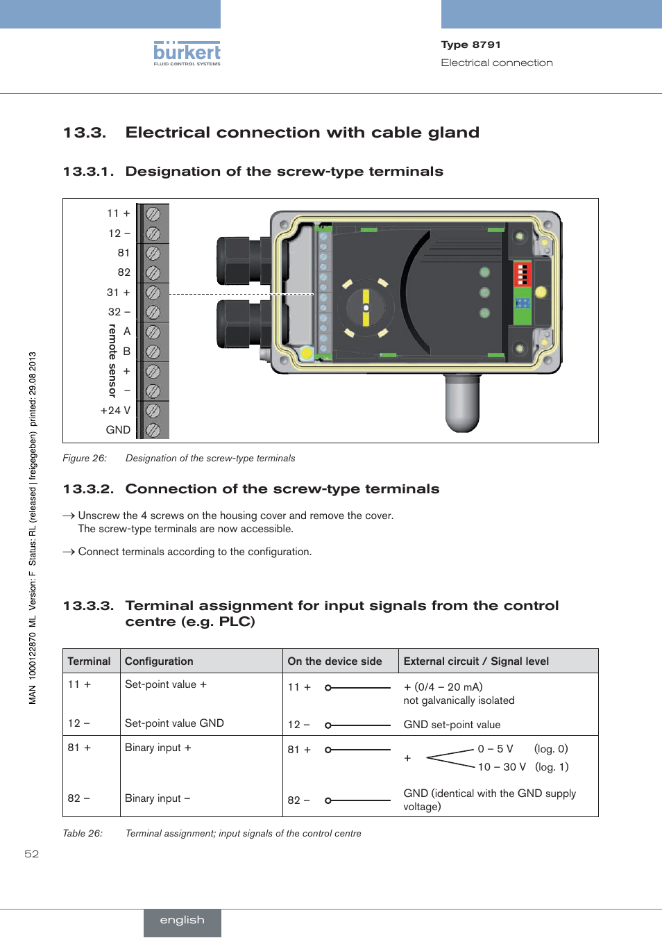 Electrical connection with cable gland, Designation of the screw-type terminals, Connection of the screw-type terminals | Burkert Type 8791 User Manual | Page 52 / 184