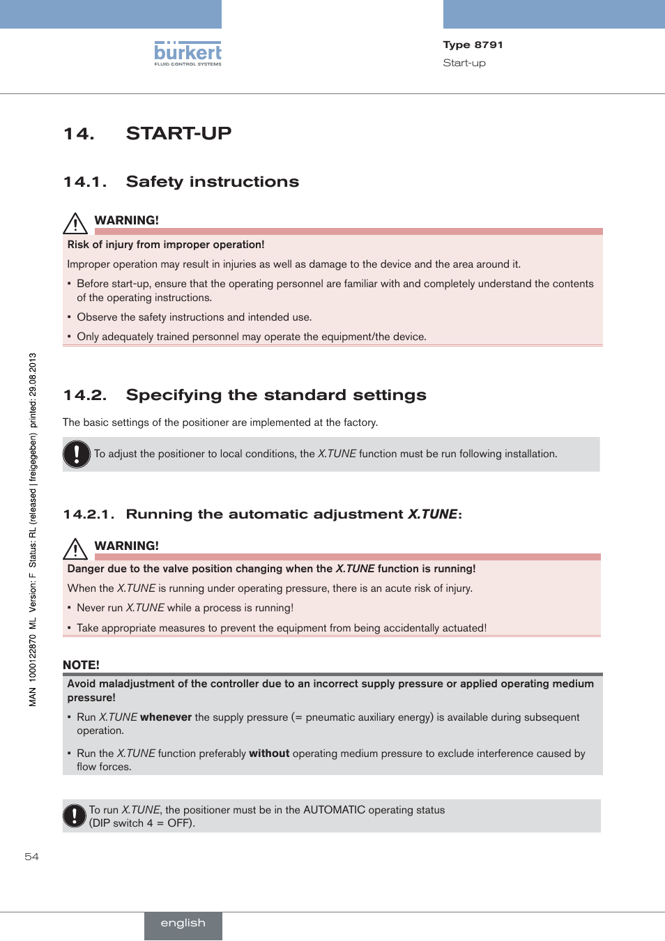 Start-up, Safety instructions, Specifying the standard settings | Running the automatic adjustment x.tune | Burkert Type 8791 User Manual | Page 54 / 184