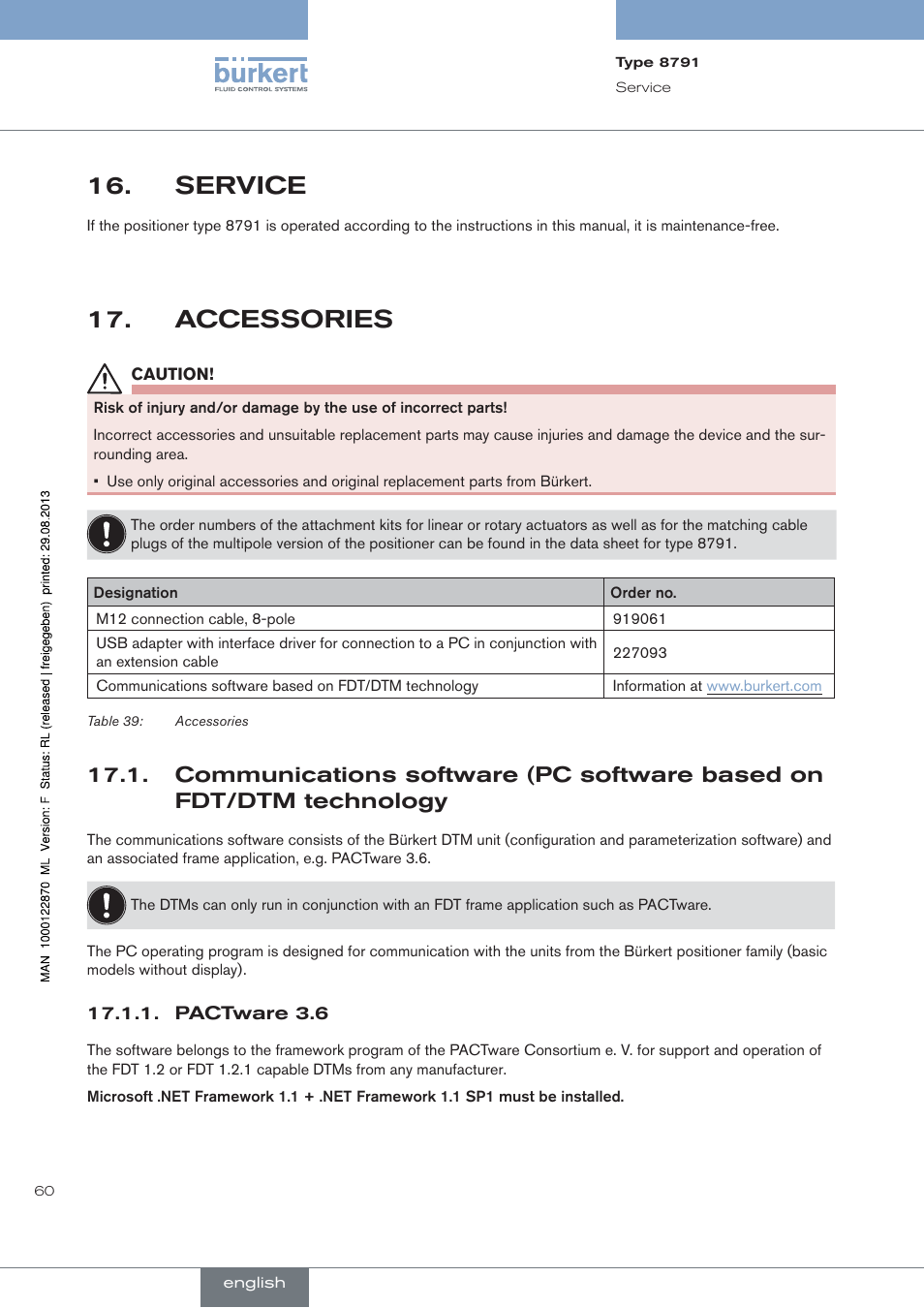 Service, Accessories, Pactware 3.6 | Burkert Type 8791 User Manual | Page 60 / 184