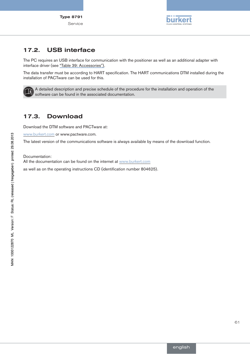Usb interface, Download | Burkert Type 8791 User Manual | Page 61 / 184