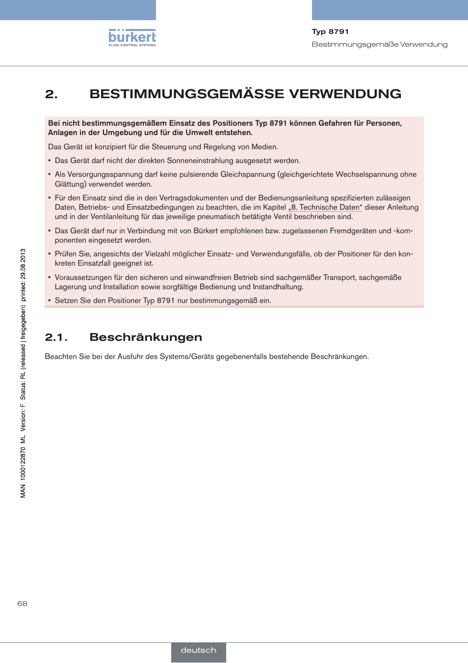 Bestimmungsgemässe verwendung, Beschränkungen | Burkert Type 8791 User Manual | Page 68 / 184