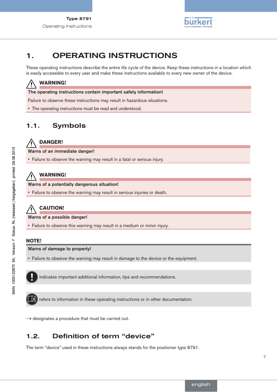 Operating instructions, Symbols, Definition of term “device | Burkert Type 8791 User Manual | Page 7 / 184