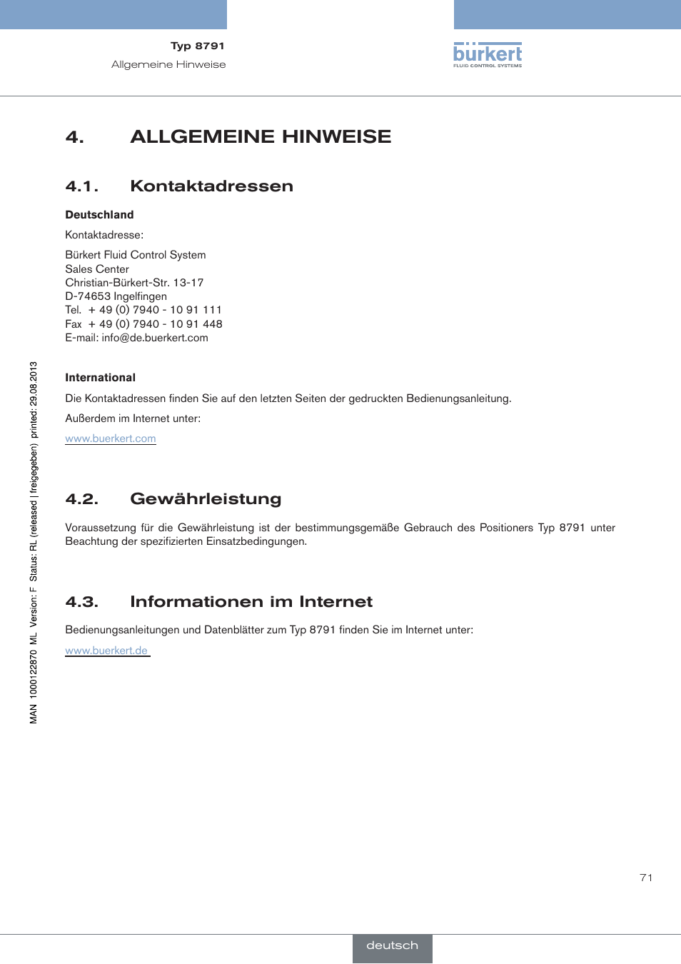 Allgemeine hinweise, Kontaktadressen, Gewährleistung | Informationen im internet | Burkert Type 8791 User Manual | Page 71 / 184
