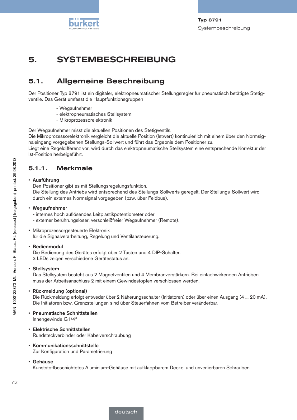 Systembeschreibung, Allgemeine beschreibung, Merkmale | Burkert Type 8791 User Manual | Page 72 / 184