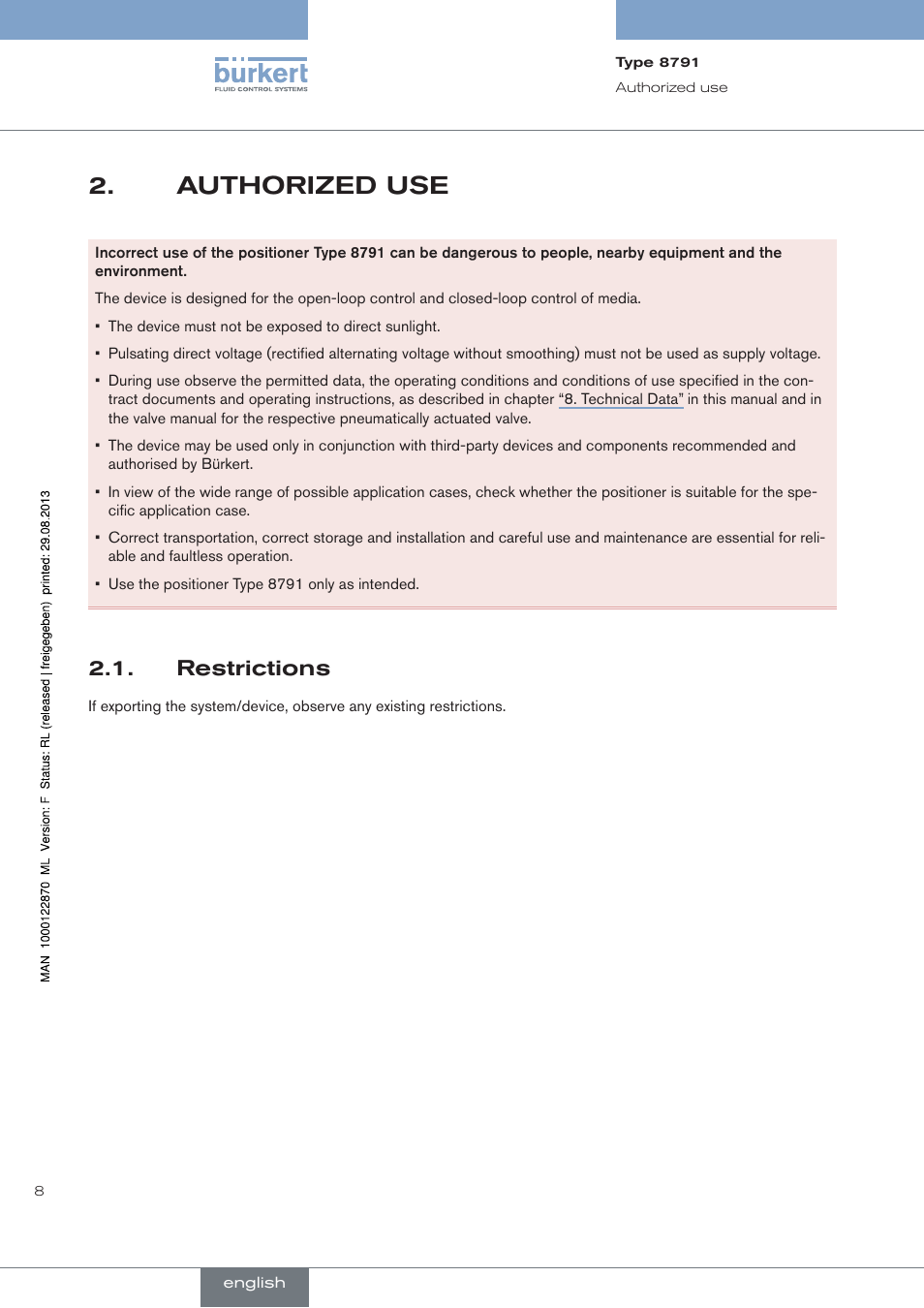 Authorized use, Restrictions | Burkert Type 8791 User Manual | Page 8 / 184