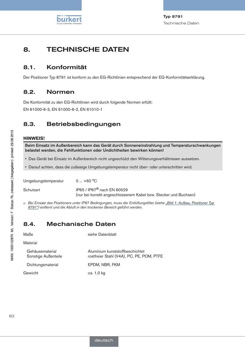 Technische daten, Konformität, Normen | Betriebsbedingungen, Mechanische daten | Burkert Type 8791 User Manual | Page 82 / 184