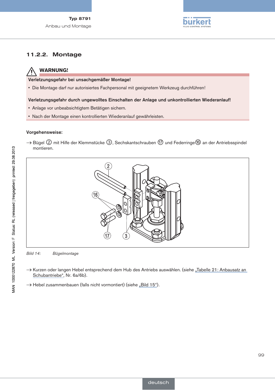Montage | Burkert Type 8791 User Manual | Page 99 / 184