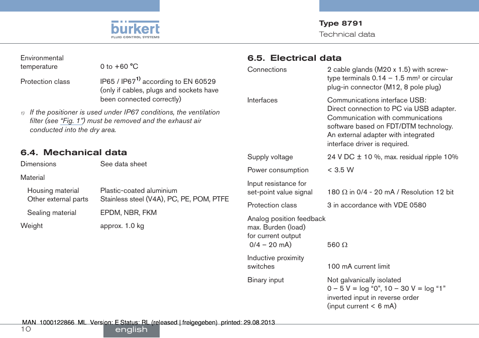 Mechanical data 6.5. electrical data | Burkert Type 8791 User Manual | Page 10 / 106