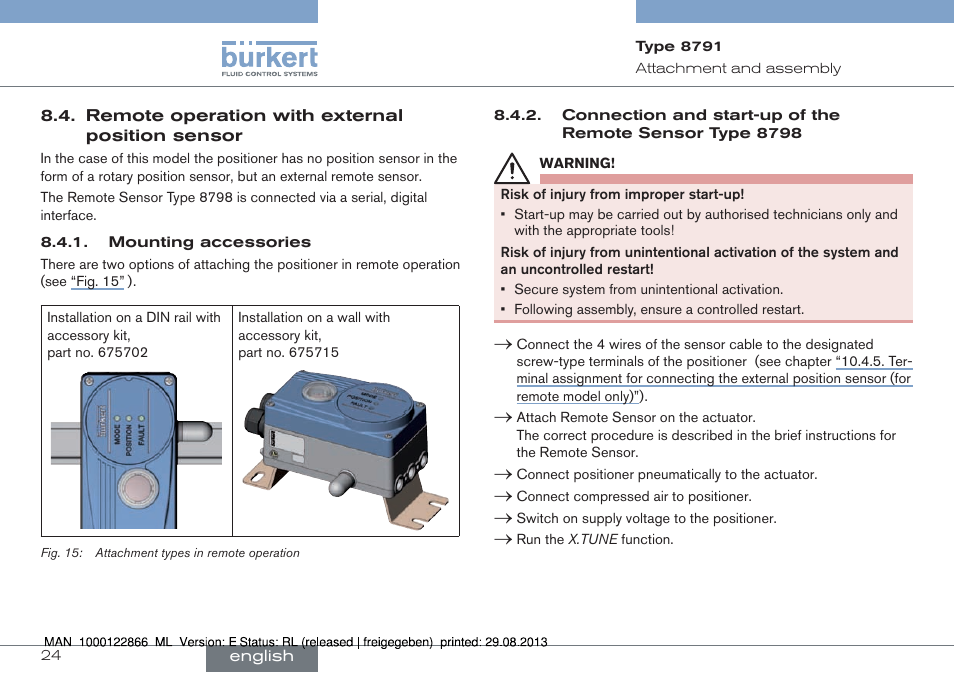 Remote operation with external position sensor | Burkert Type 8791 User Manual | Page 24 / 106