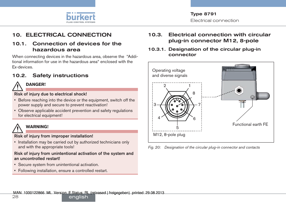 Electrical connection, M12, 8-pole | Burkert Type 8791 User Manual | Page 28 / 106