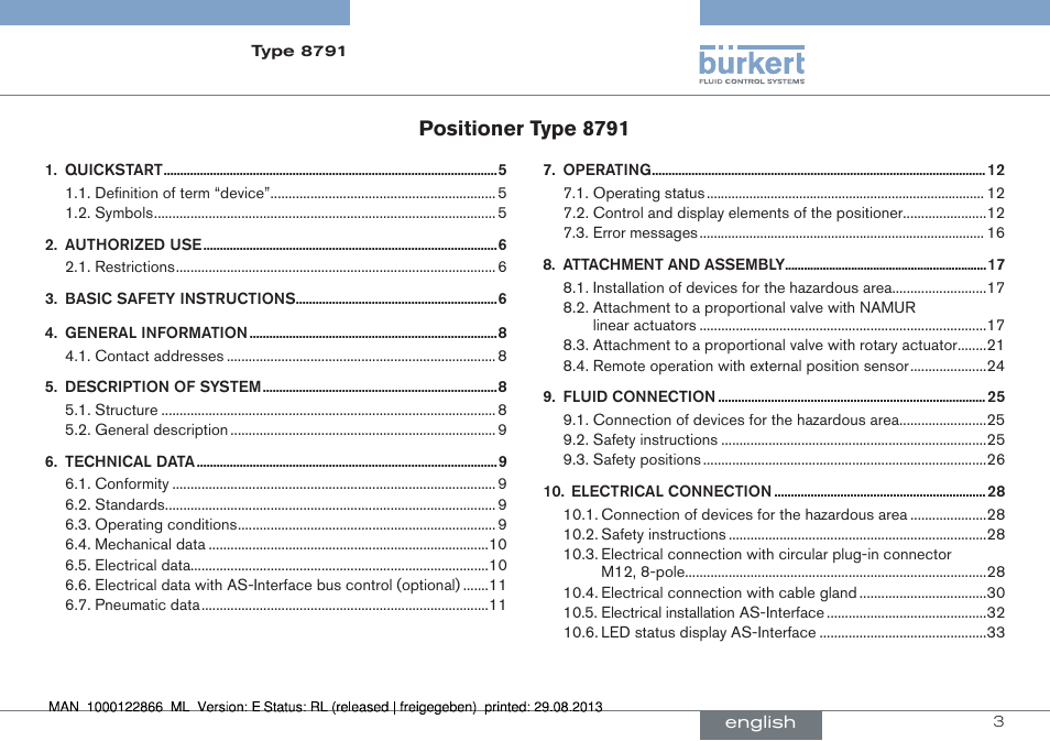English, Positioner type 8791 | Burkert Type 8791 User Manual | Page 3 / 106