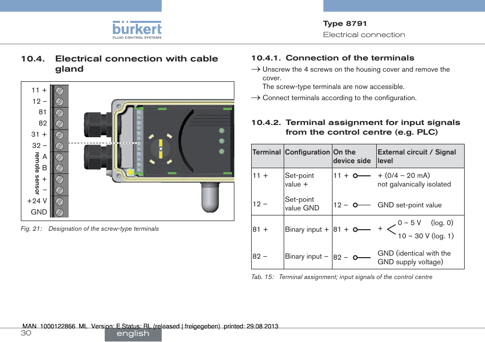 Electrical connection with cable gland | Burkert Type 8791 User Manual | Page 30 / 106