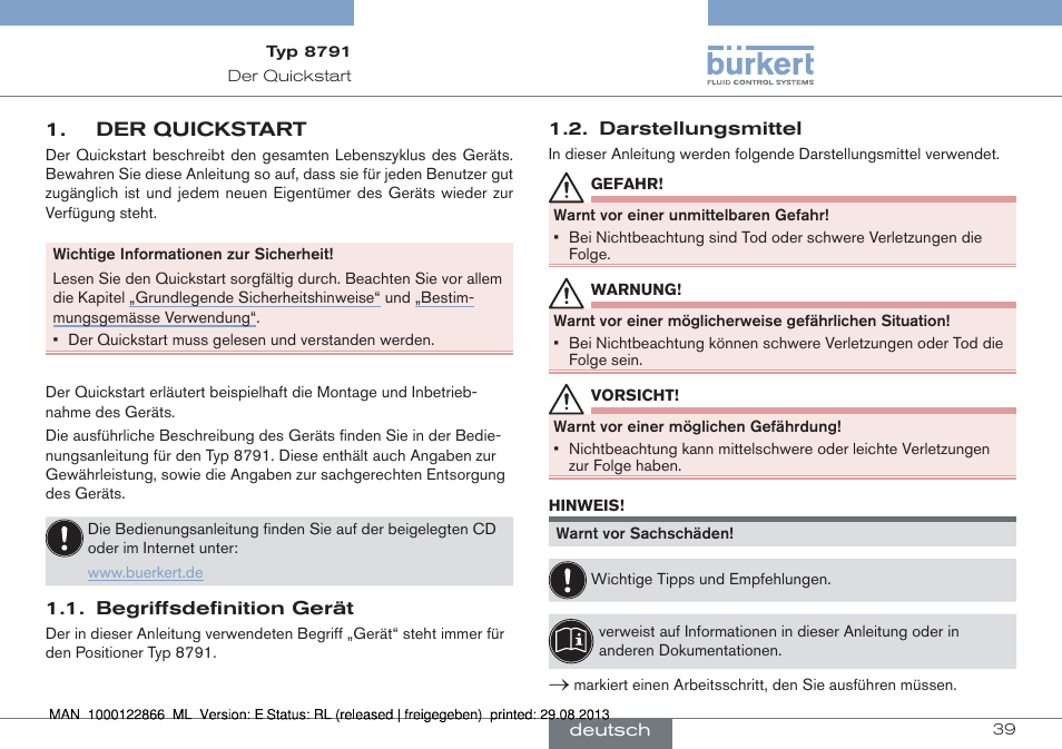 Der quickstart, Begriffsdefinition gerät 1.2. darstellungsmittel | Burkert Type 8791 User Manual | Page 39 / 106