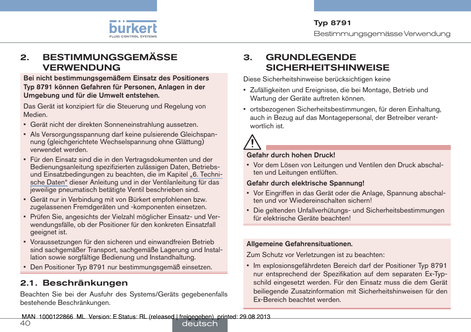 Bestimmungsgemässe verwendung, Beschränkungen, Grundlegende sicherheitshinweise | Burkert Type 8791 User Manual | Page 40 / 106