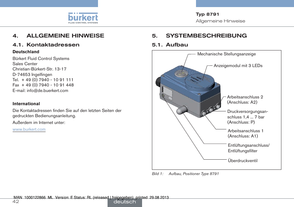 Allgemeine hinweise, Kontaktadressen, Systembeschreibung | Aufbau | Burkert Type 8791 User Manual | Page 42 / 106