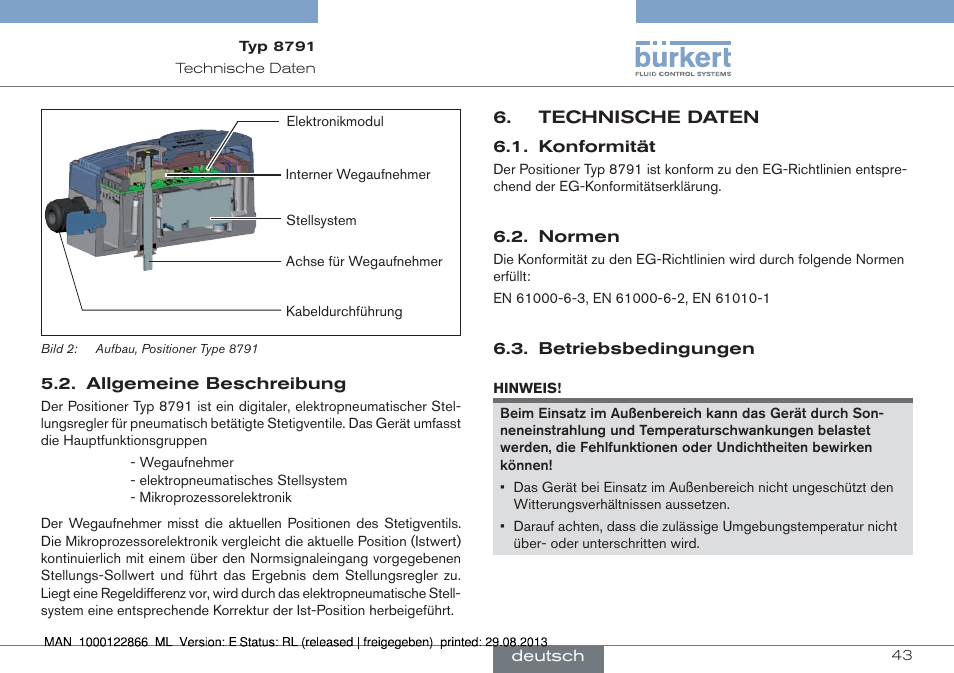 Allgemeine beschreibung, Technische daten, Konformität 6.2. normen 6.3. betriebsbedingungen | Burkert Type 8791 User Manual | Page 43 / 106