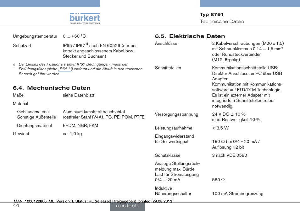 Mechanische daten 6.5. elektrische daten | Burkert Type 8791 User Manual | Page 44 / 106