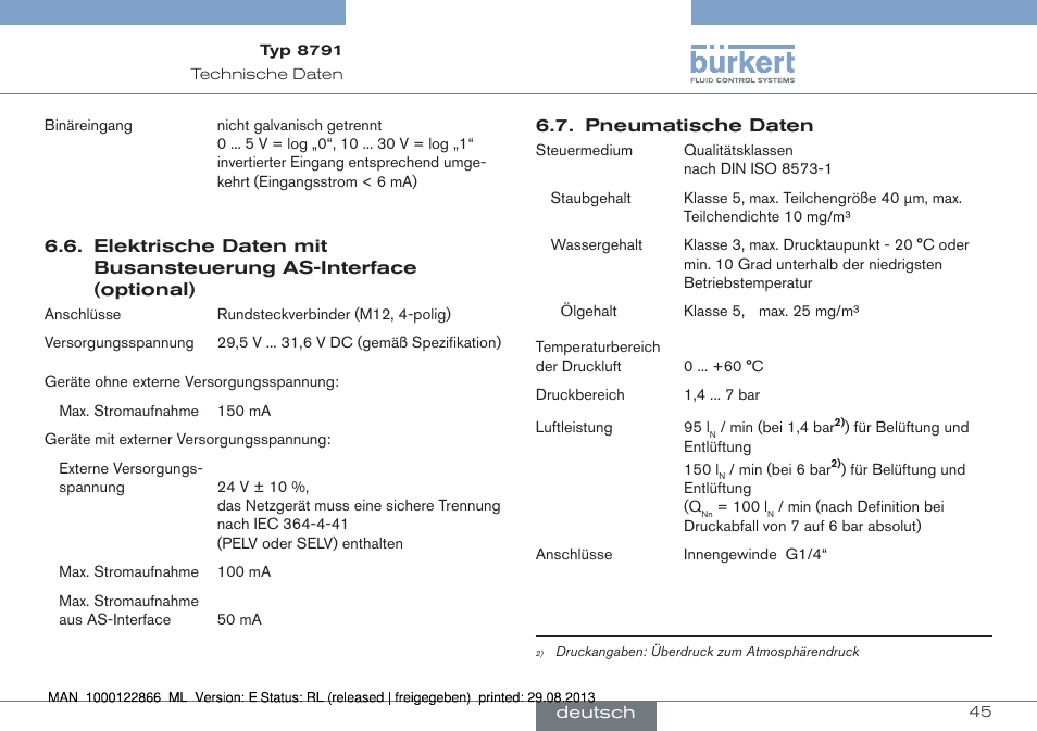 Elektrische daten mit busansteuerung as-interface, Optional), Pneumatische daten | Burkert Type 8791 User Manual | Page 45 / 106