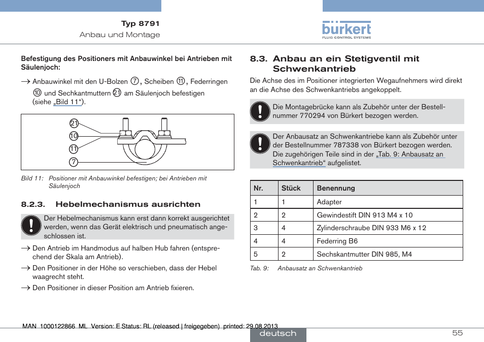Anbau an ein stetigventil mit schwenkantrieb | Burkert Type 8791 User Manual | Page 55 / 106