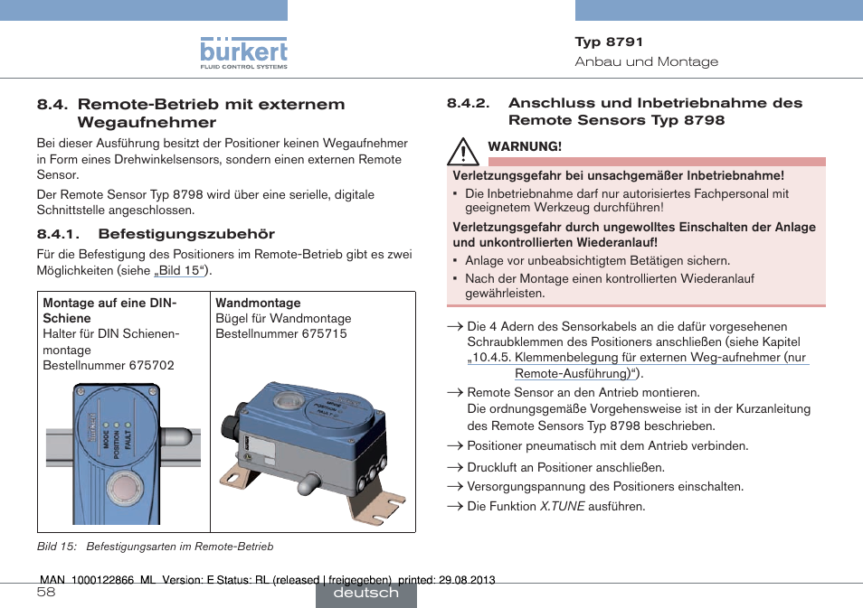 Remote-betrieb mit externem wegaufnehmer | Burkert Type 8791 User Manual | Page 58 / 106