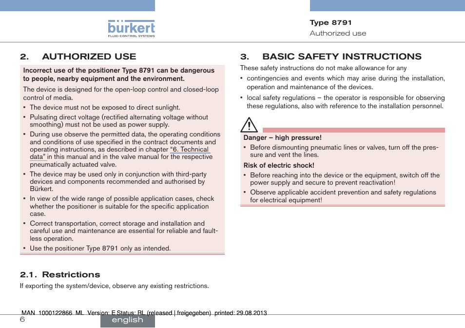 Authorized use, Restrictions, Basic safety instructions | Burkert Type 8791 User Manual | Page 6 / 106