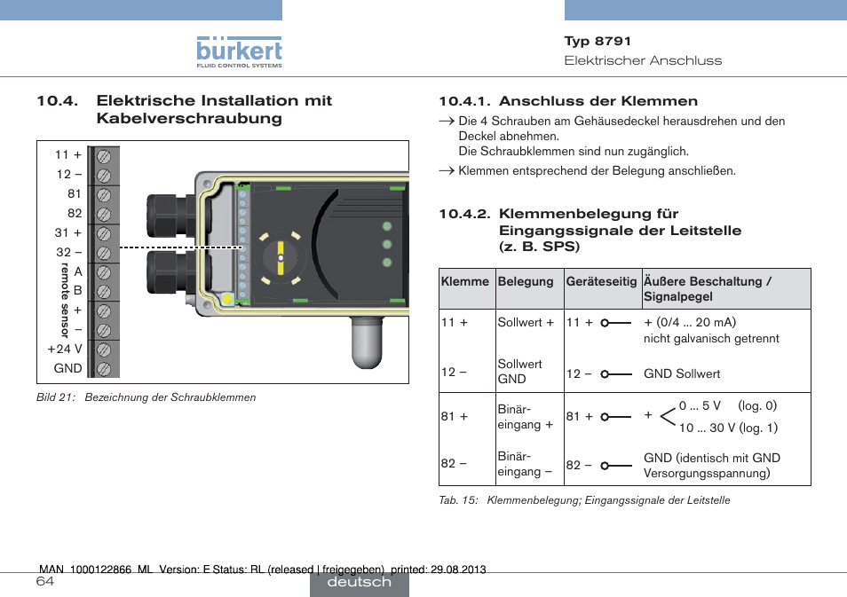 Elektrische installation mit kabelverschraubung | Burkert Type 8791 User Manual | Page 64 / 106