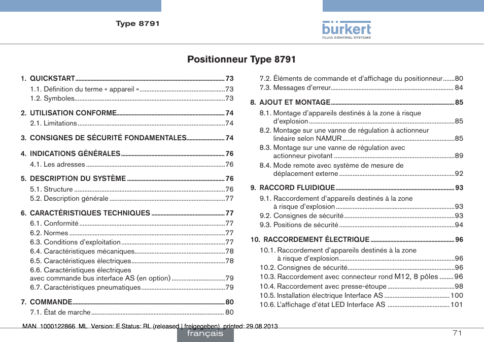 Français, Positionneur type 8791 | Burkert Type 8791 User Manual | Page 71 / 106